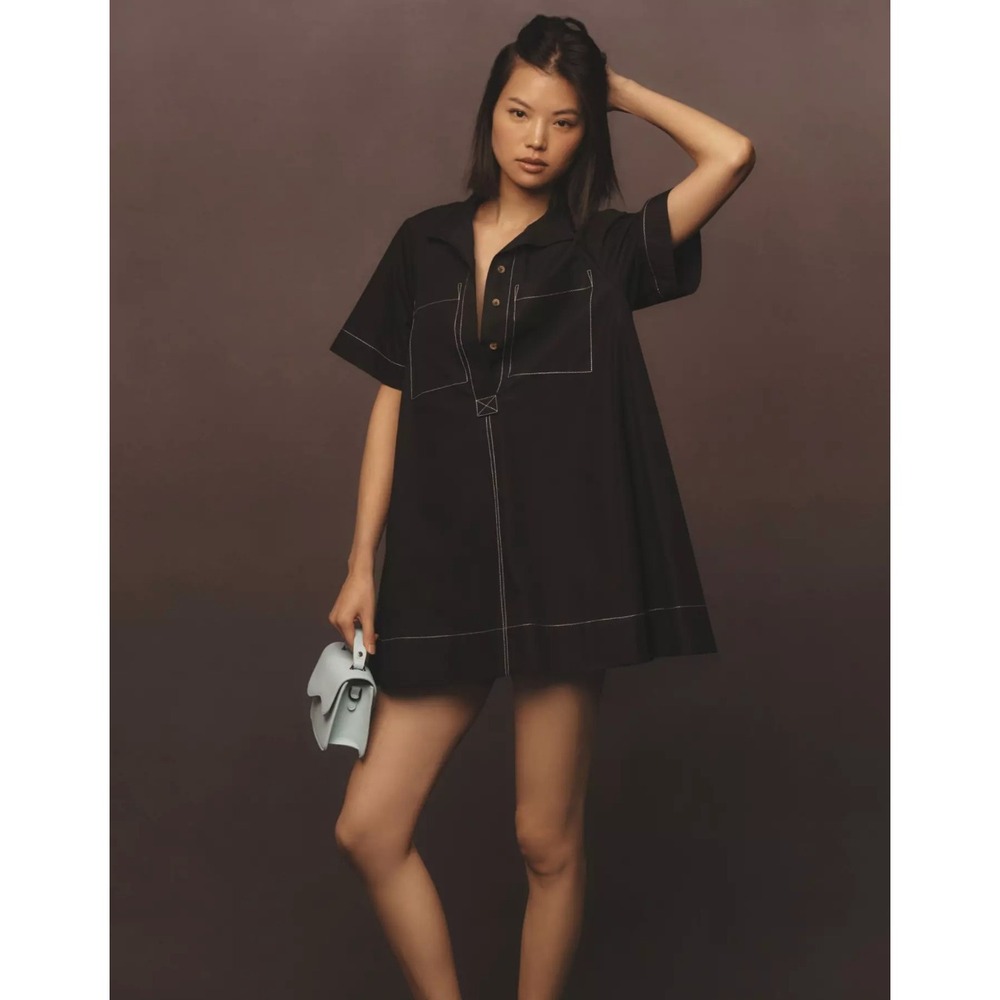Maeve Mini Shirt Dress Jeannie XS Black Contrast Stitch Utility Poplin